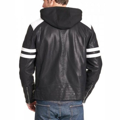 Mens Black Leather Motorcycle Jacket with Hoodie - Leather Loom