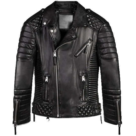 Mens Black Leather Biker Jacket with Quilted Style - Leather Loom