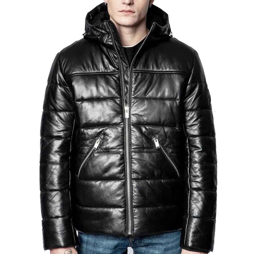 Mens Black Leather Bubble Jacket with Hoodie - Leather Loom