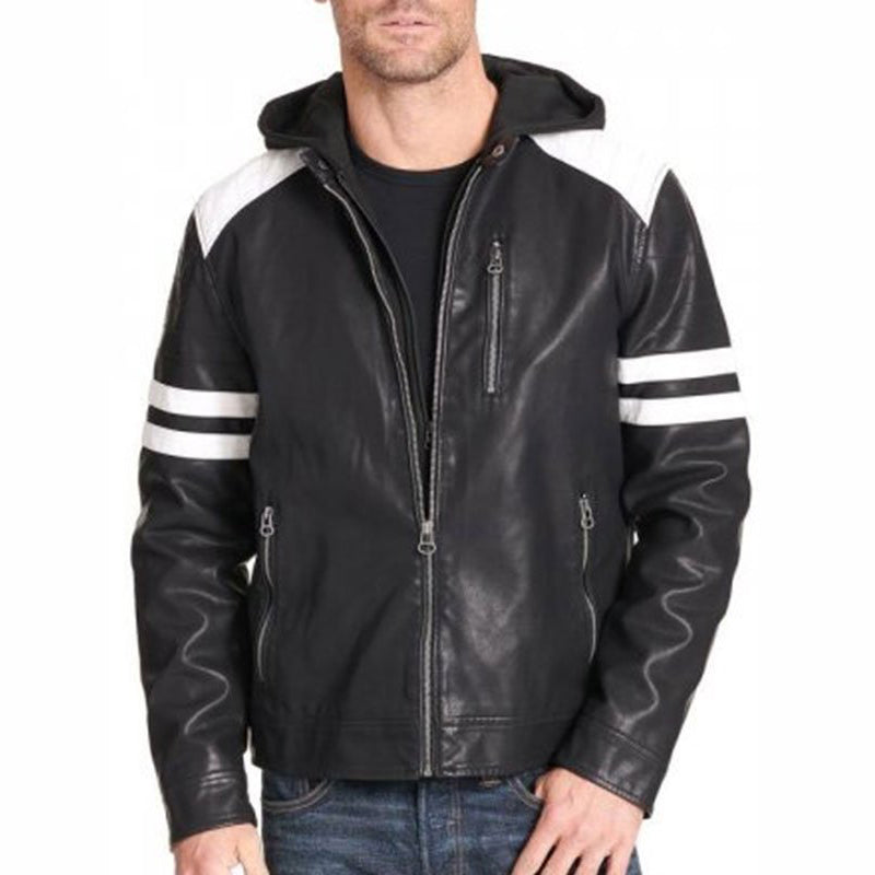 Mens Black Leather Motorcycle Jacket with Hoodie - Leather Loom