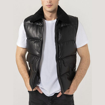 Mens Black Leather Puffer Vest - Leather Loom