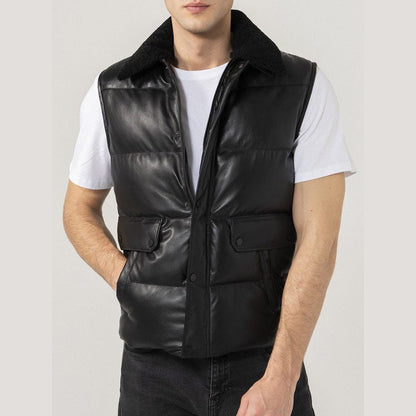 Mens Black Leather Puffer Vest - Leather Loom