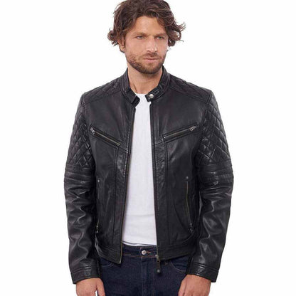 Mens Black Quilted Leather Biker Jacket - Leather Loom