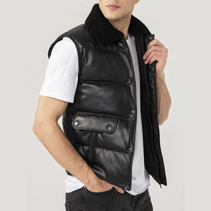 Mens Black Leather Puffer Vest - Leather Loom