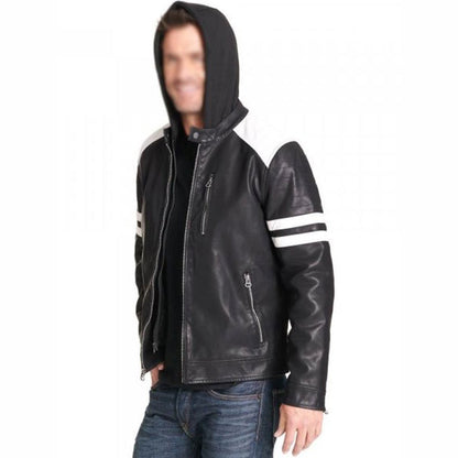 Mens Black Leather Motorcycle Jacket with Hoodie - Leather Loom