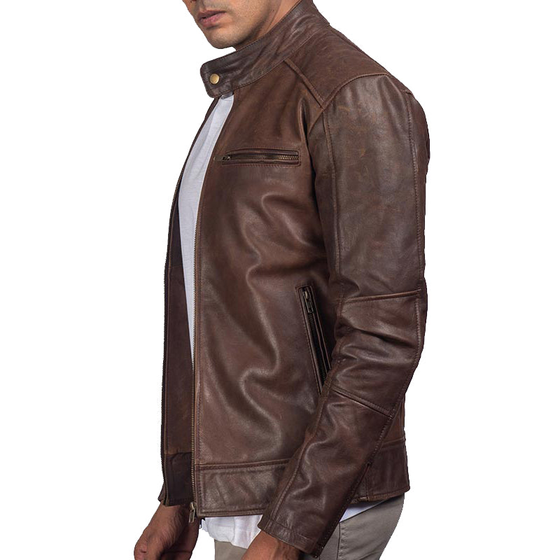 Men’s Brown Cafe Racer Leather Biker Jacket - Leather Loom