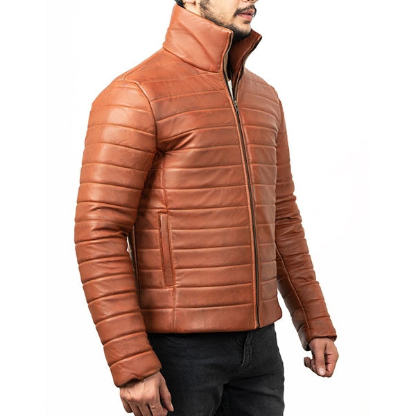 Mens Brown Leather Puffer Jacket - Leather Loom