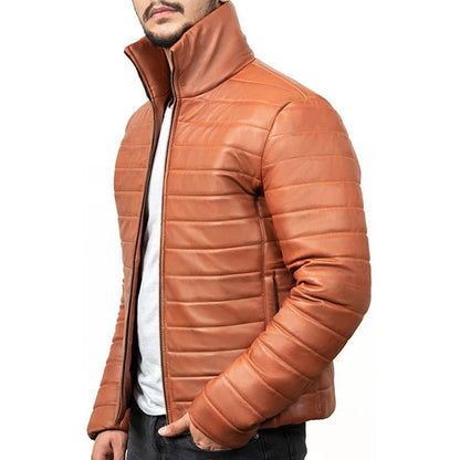 Mens Brown Leather Puffer Jacket - Leather Loom