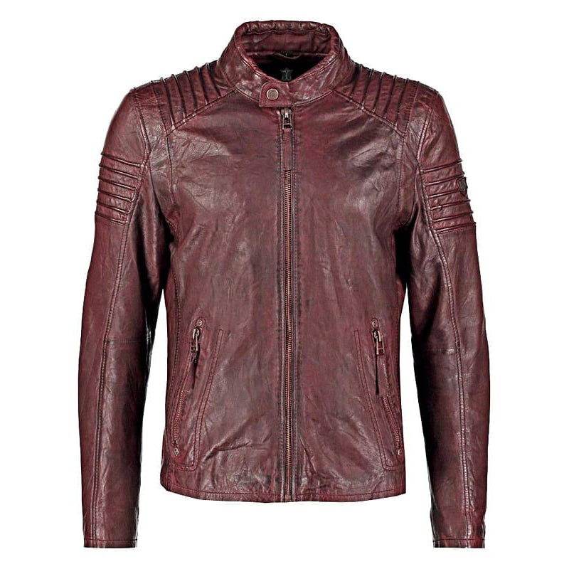 Mens Waxed Leather Cafe Racer Biker Jacket Copper Burgundy - Leather Loom