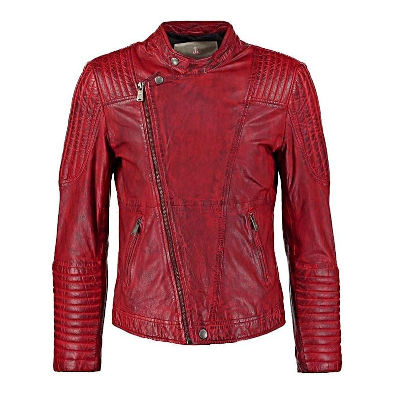 Mens Sheepskin Leather Cafe Racer Biker Jacket Red/Maroon - Leather Loom