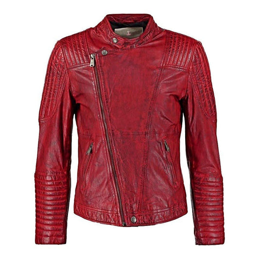 Mens Sheepskin Leather Cafe Racer Biker Jacket Red/Maroon - Leather Loom