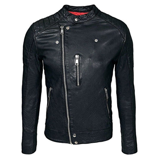 Mens Waxed Sheepskin Leather Cafe Racer Biker Jacket Black - Leather Loom
