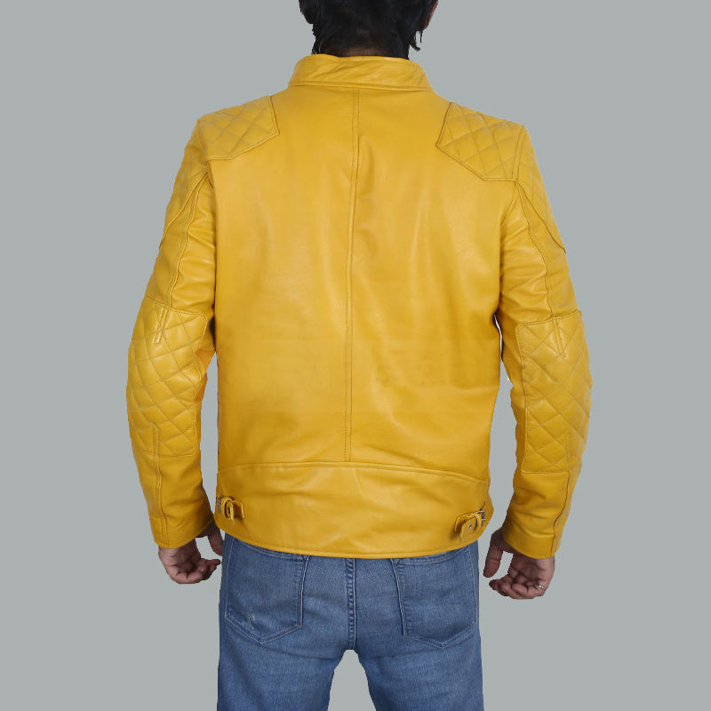 Mens Cafe Racer Yellow Leather Biker Jacket - Leather Loom