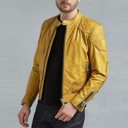 Mens Cafe Racer Yellow Leather Biker Jacket - Leather Loom
