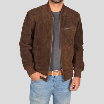 Chocolate Brown Suede Bomber Jacket for Men