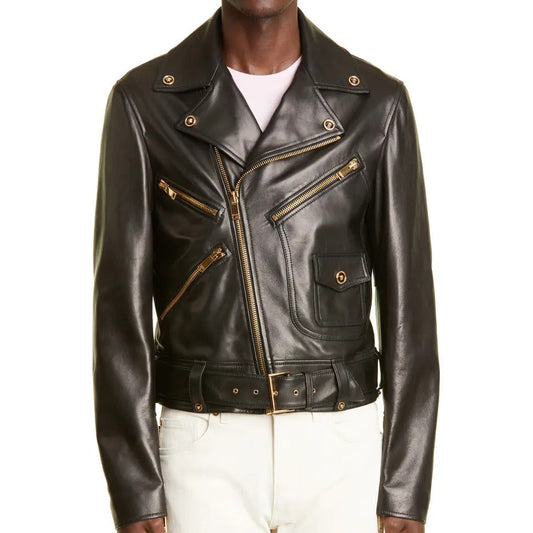 Mens Embellished Genuine Leather Biker Jacket - Leather Loom