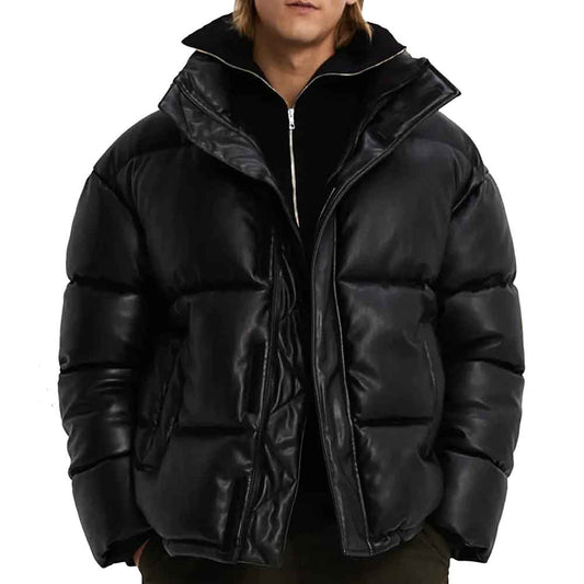 Mens Faux Leather Puffer Jacket Black - Leather Loom