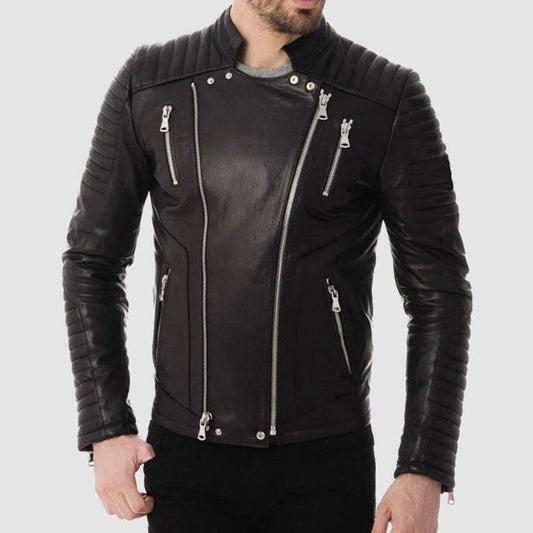 Mens Black Zipper Pockets Quilted Leather Jacket