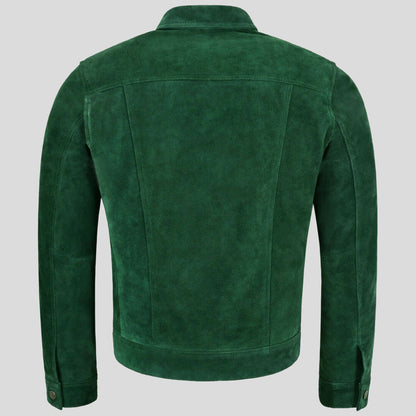 Mens Green Trucker Style Suede Leather Jacket - Leather Loom