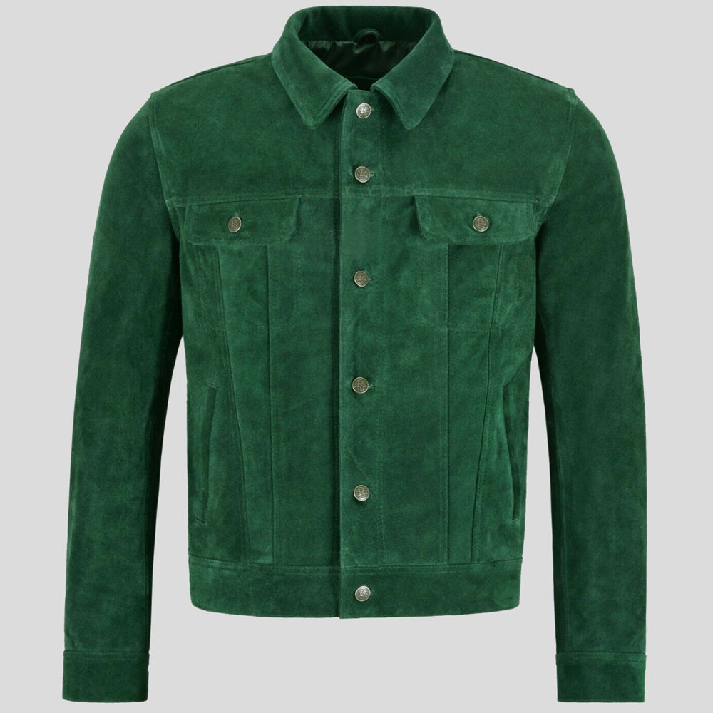 Mens Green Trucker Style Suede Leather Jacket - Leather Loom