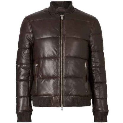 Mens Leather Puffer Bomber Jacket in Brown - Leather Loom