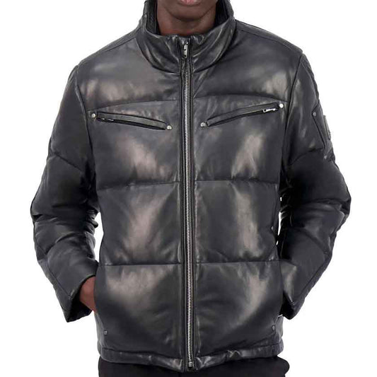 Mens Leather Puffer Jacket with Zipped Pockets - Leather Loom