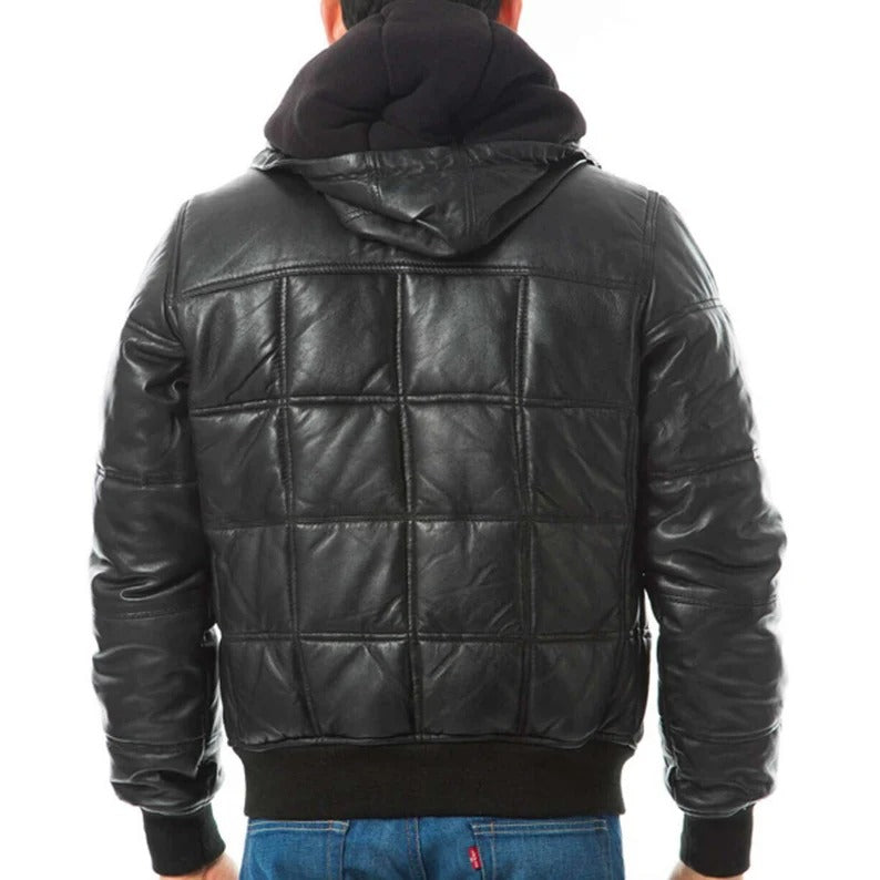 Mens Leather Quilted Bomber Puffer Jacket with Detachable Hooded - Leather Loom