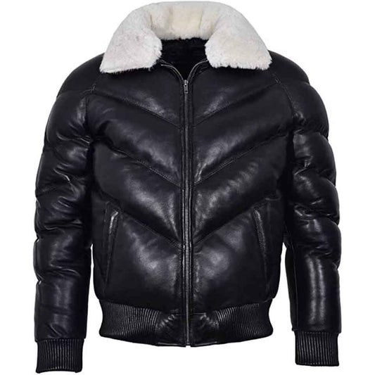 Mens Military Style Puffer Leather Jacket Black - Leather Loom