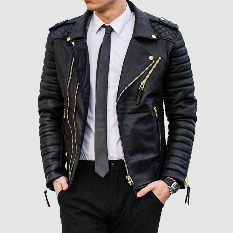 Mens Quilted Leather Biker Jacket - Leather Loom