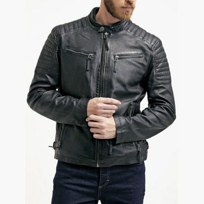 Mens Waxed Sheepskin Quilted Leather Jacket Black - Leather Loom