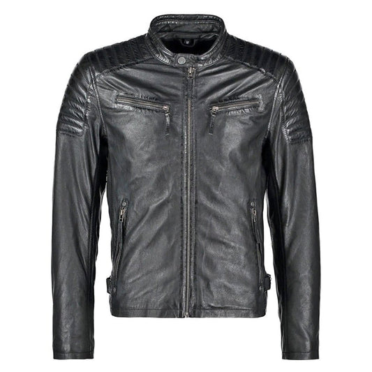 Mens Waxed Sheepskin Quilted Leather Jacket Black - Leather Loom
