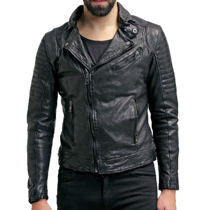 Mens Waxed Sheepskin Leather Motorcycle Jacket Black - Leather Loom