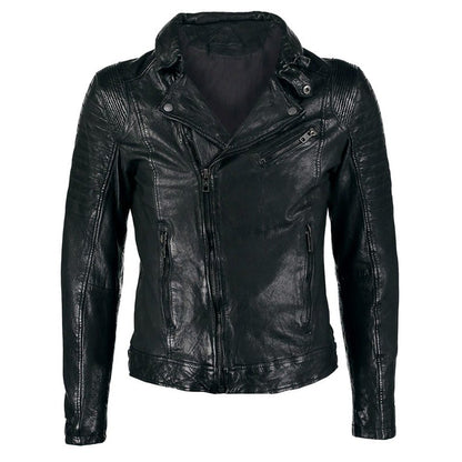 Mens Waxed Sheepskin Leather Motorcycle Jacket Black - Leather Loom