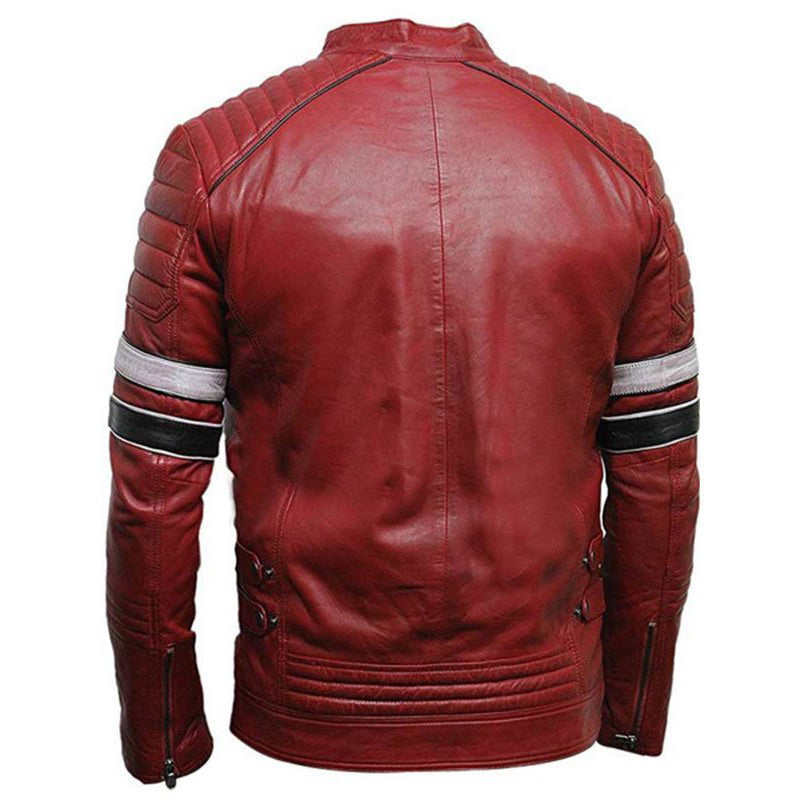 Mens Striped Café Racer Biker Leather Jacket - Leather Loom