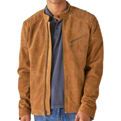 Mens Tan Suede Leather Biker Jacket - Leather Loom