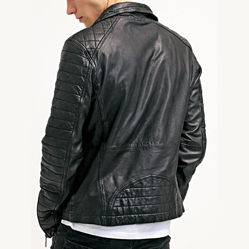 Mens Waxed Sheepskin Quilted Leather Biker Jacket Black - Leather Loom