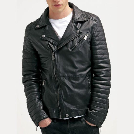 Mens Waxed Sheepskin Quilted Leather Biker Jacket Black - Leather Loom