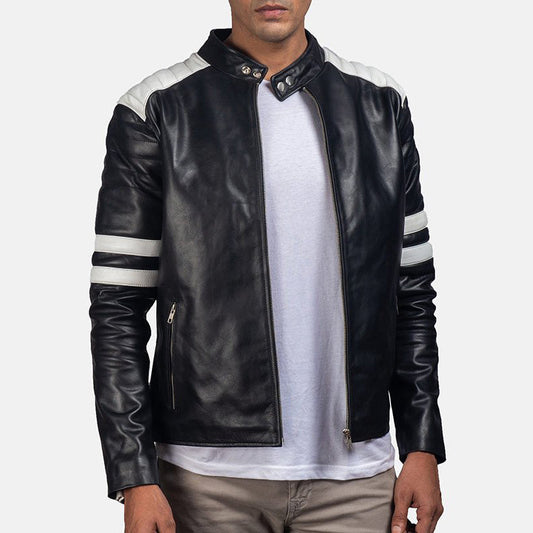 Men's White Stripes Leather Biker Jacket - Leather Loom