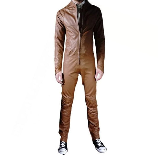 Mens Biker style real sheepskin brown motorcycle leather jumpsuit - Leather Loom