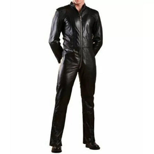 Mens Genuine Black Leather Bodysuit Jumpsuit - Leather Loom