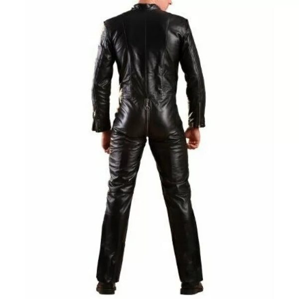 Mens Genuine Black Leather Bodysuit Jumpsuit - Leather Loom