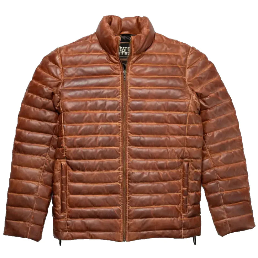 Mens Tan and Brown Leather Puffer Jacket - Leather Loom