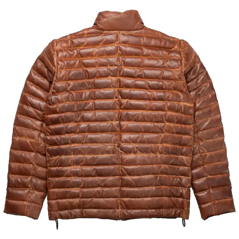 Mens Tan and Brown Leather Puffer Jacket - Leather Loom
