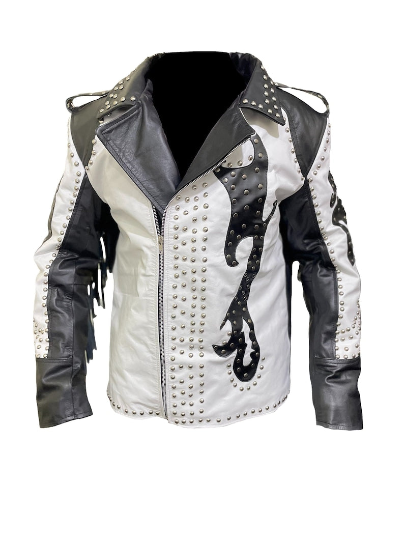 Mens Black White Leather Fringe Jacket