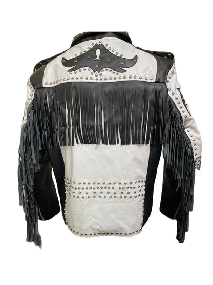 Mens Black White Leather Fringe Jacket 2