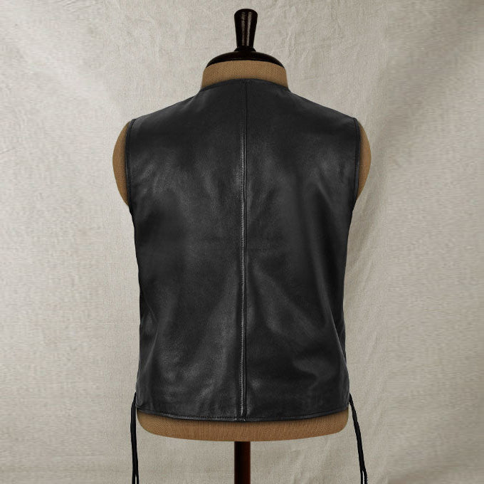 Mens Traditional Biker Black Leather Vest - Leather Loom