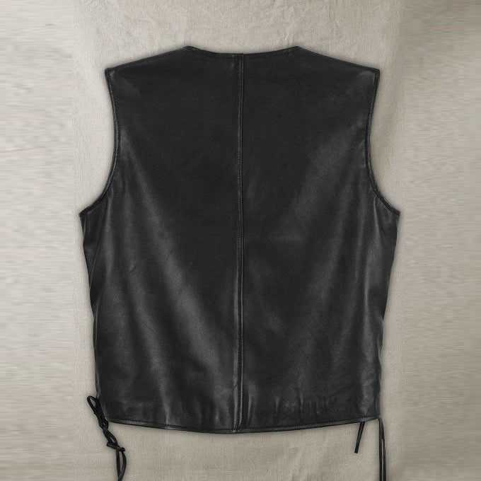 Mens Traditional Biker Black Leather Vest - Leather Loom