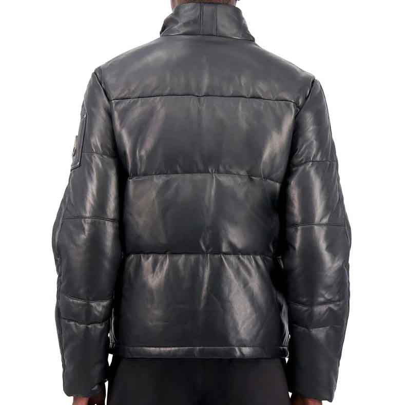 Mens Leather Puffer Jacket with Zipped Pockets - Leather Loom