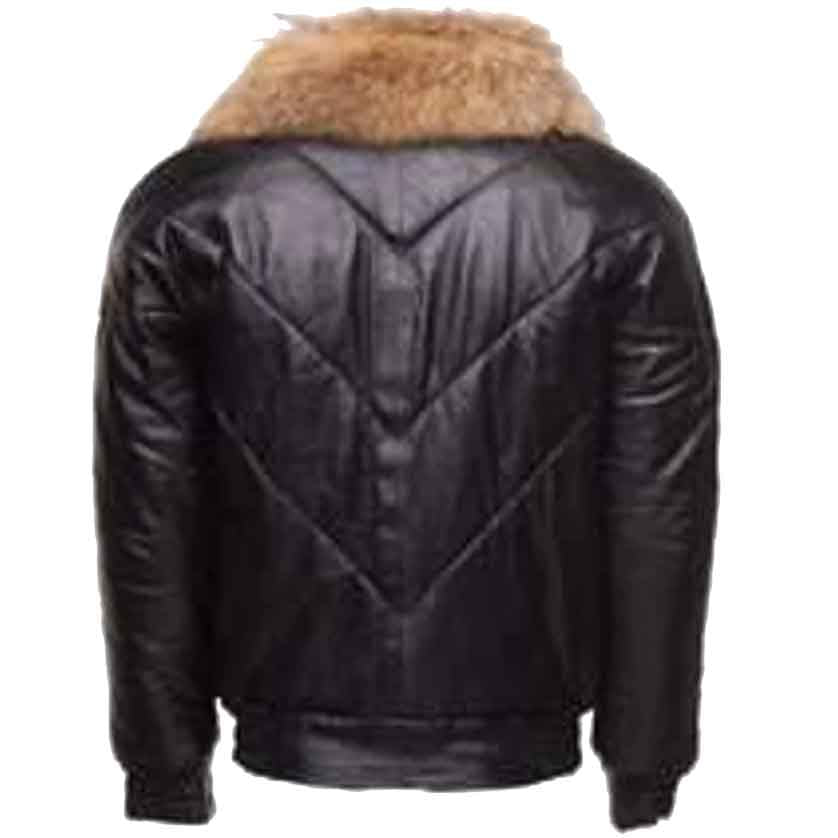 Black V-Bomber Style Puffer Winter Leather Jacket With Fur Collar - Leather Loom