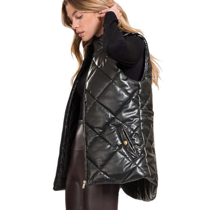 Women Black Leather Puffer Vest - Leather Loom
